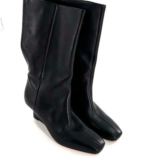 Vince Beverly Leather Wedge Boots 6 Black NWOT Mid Calf Booties Academia Career - Picture 8 of 12